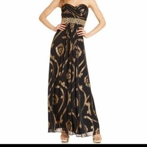 Betsy & Adam‎ Black Metallic Gold Swirl Embellished Strapless Maxi Dress Gown